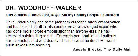 Recommendation of fibroids specialist Dr. Walker by Angela Brooks of the Daily Mail.